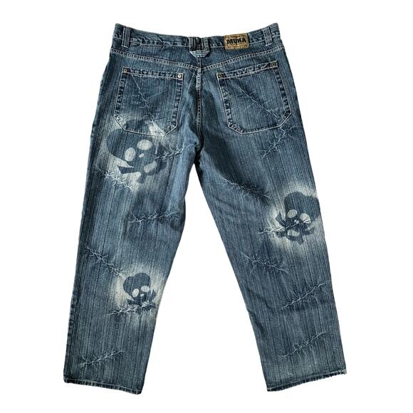 Muka Jeans Baggy Y2K Airbrushed Skull Stitches All Over Design Grunge Jeans 42 - Picture 10 of 16